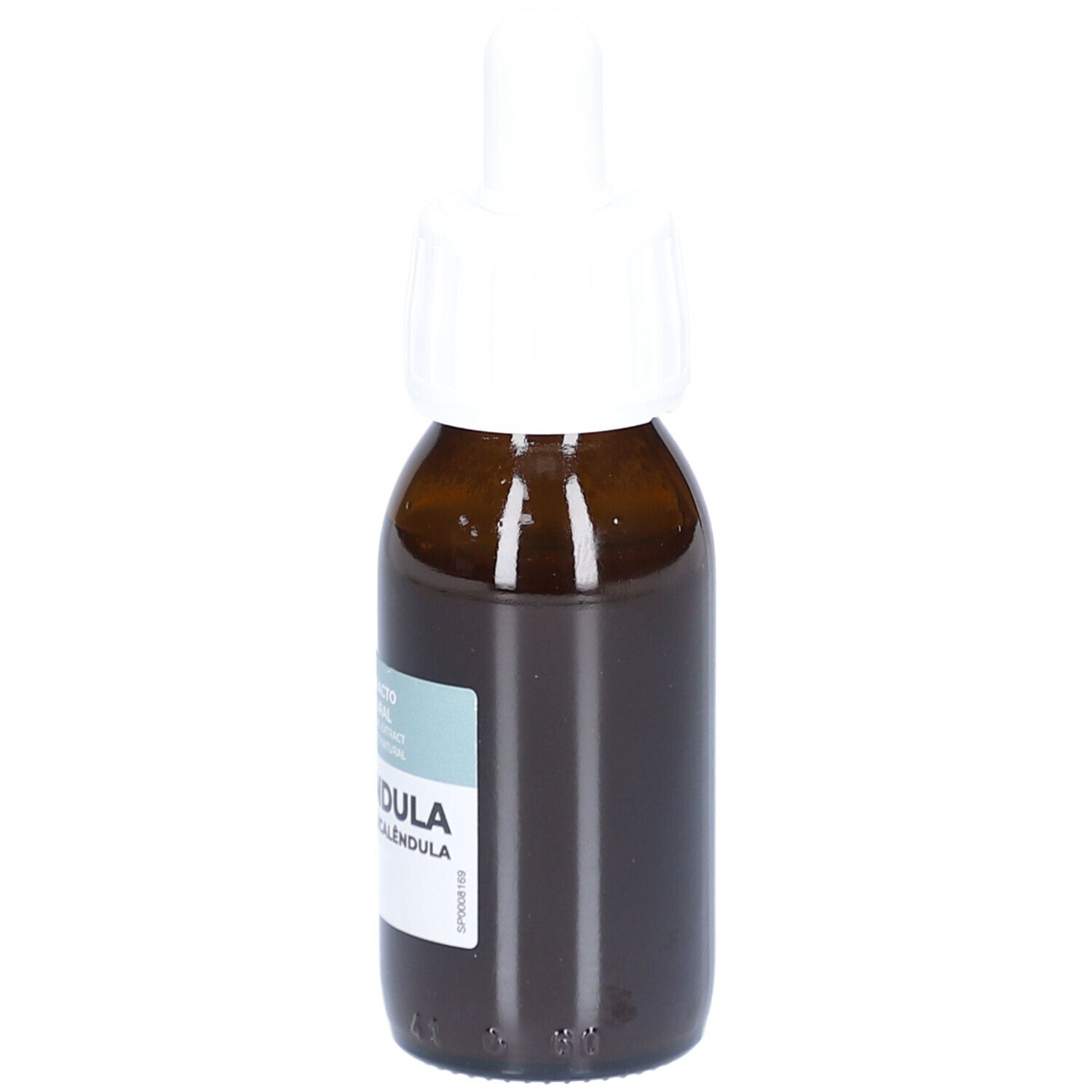 Bruine glazen fles met witte druppelaar. Opschrift: CALÉNDULA, Extrato Natural. Etiket met tekst.