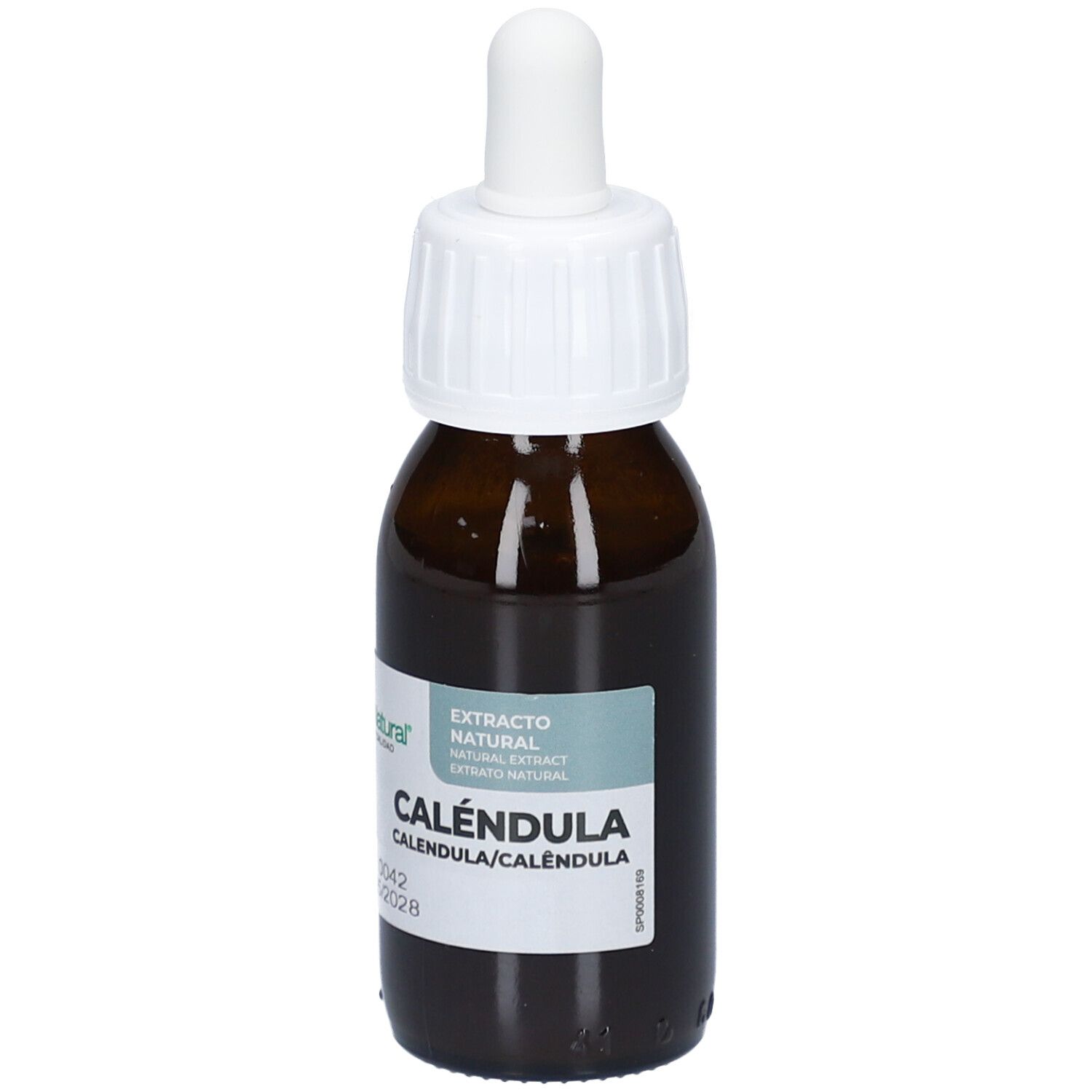 Bruine glazen fles met witte druppelaar. Opschrift: CALÉNDULA, Extrato Natural. Etiket met tekst.