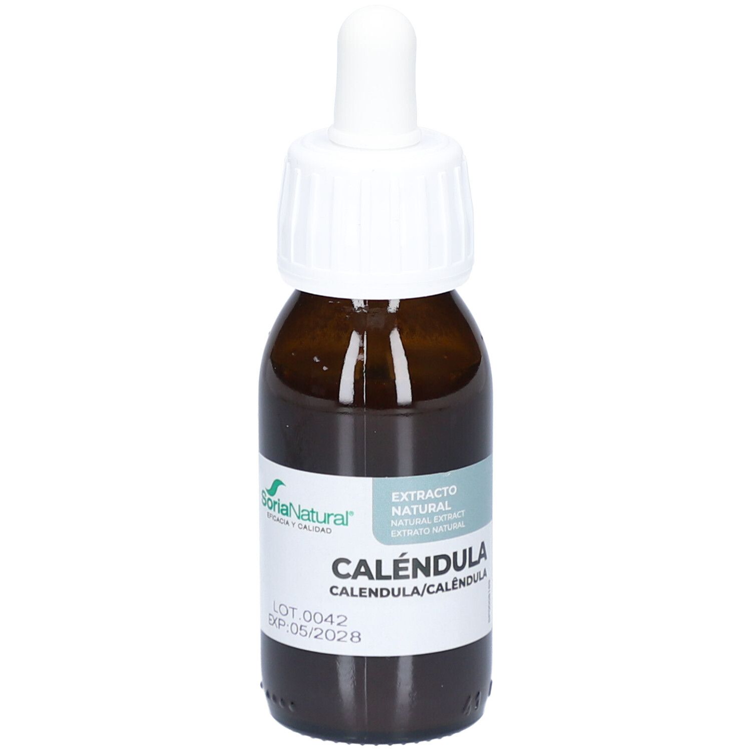 Bruine glazen fles met witte druppelaar. Opschrift: CALÉNDULA, Extrato Natural. Logo SoriaNatural. Etiket.