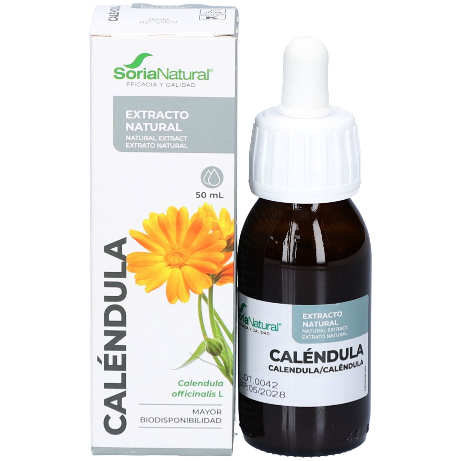 Productverpakking met fles en doos. Fles: bruin, druppelaar. Doos: CALÉNDULA, Extrato Natural, Logo SoriaNatural.