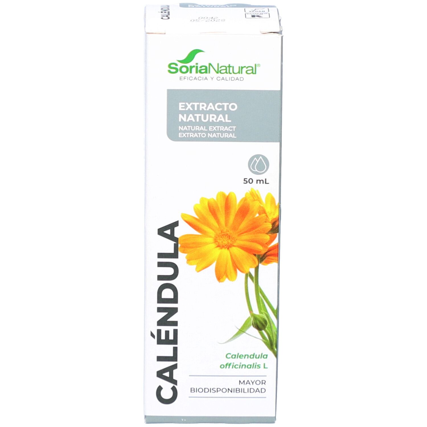 Productverpakking. Doos met opschrift: CALÉNDULA, Extrato Natural, Logo SoriaNatural. Afbeelding van een bloem.