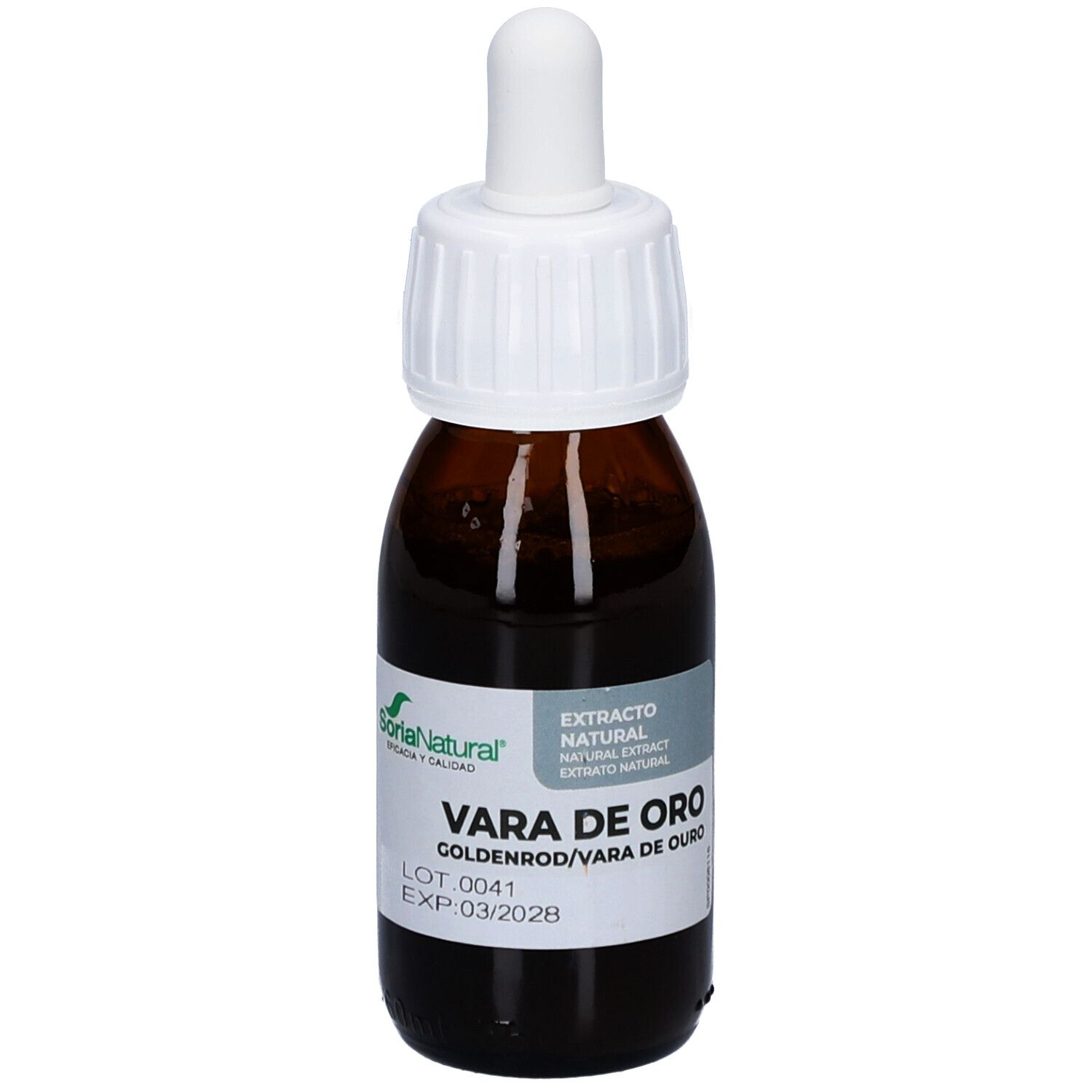 Flacon en verre brun avec bouchon blanc et pipette. Étiquette avec nom du produit et marque Soria Natural. Inscription : Vara de Oro.