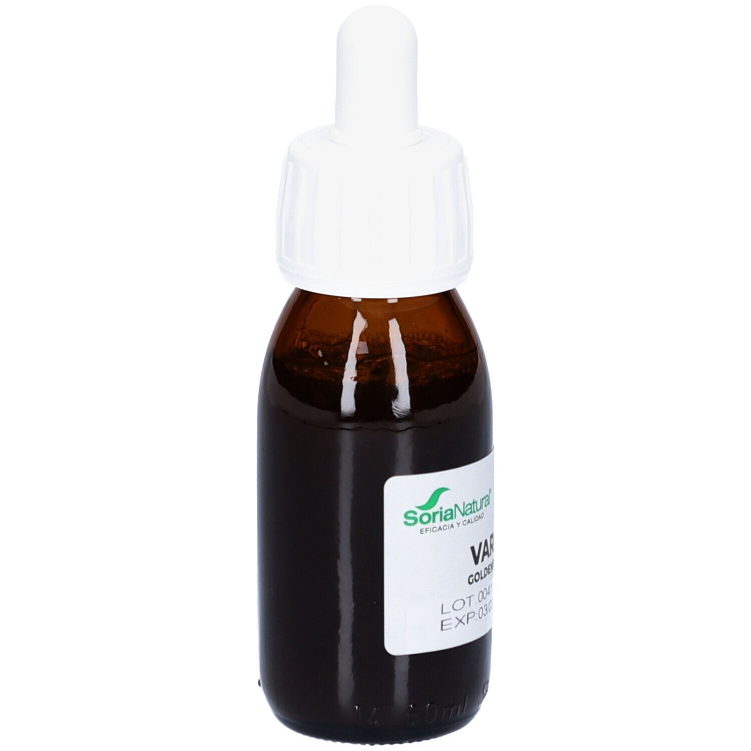 Flacon en verre brun avec bouchon blanc et pipette. Étiquette avec nom du produit et marque Soria Natural. Inscription : Vara de Oro.
