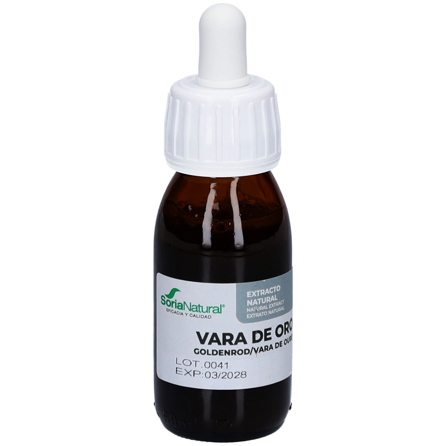 Flacon en verre brun avec bouchon blanc et pipette. Étiquette avec nom du produit et marque Soria Natural. Inscription : Vara de Oro.