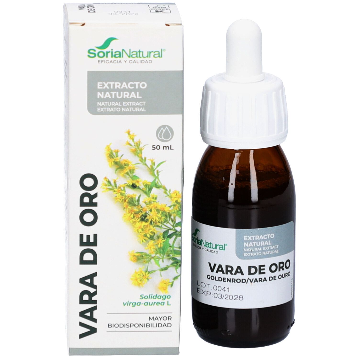 Flacon en verre brun avec bouchon blanc et pipette, à côté d'un emballage blanc. Inscription : Vara de Oro, marque Soria Natural.