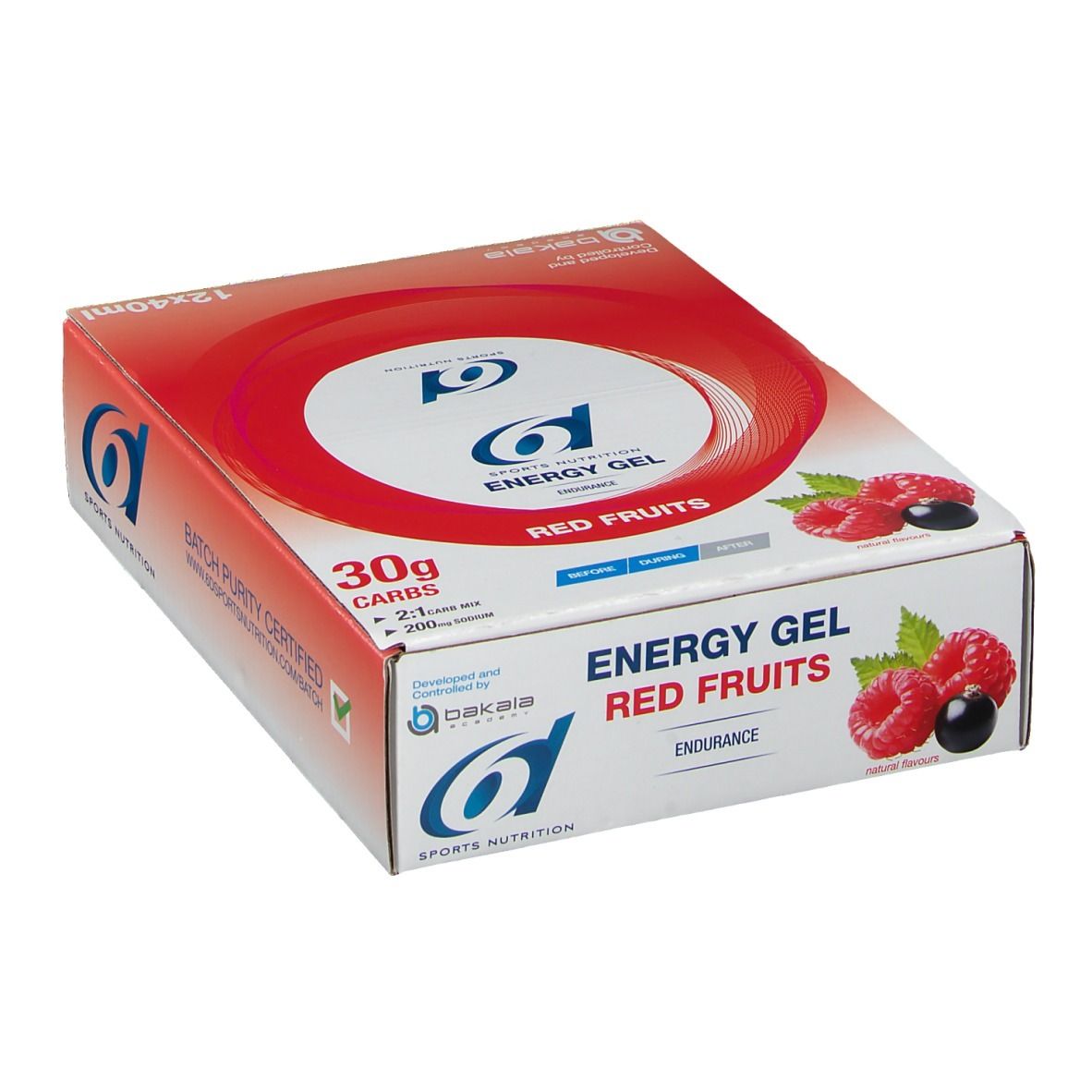 Doos met rode cirkel en tekst 'Energy Gel Red Fruits'. Frambozen en zwarte bessen afgebeeld. 'Batch Purity Certified'.