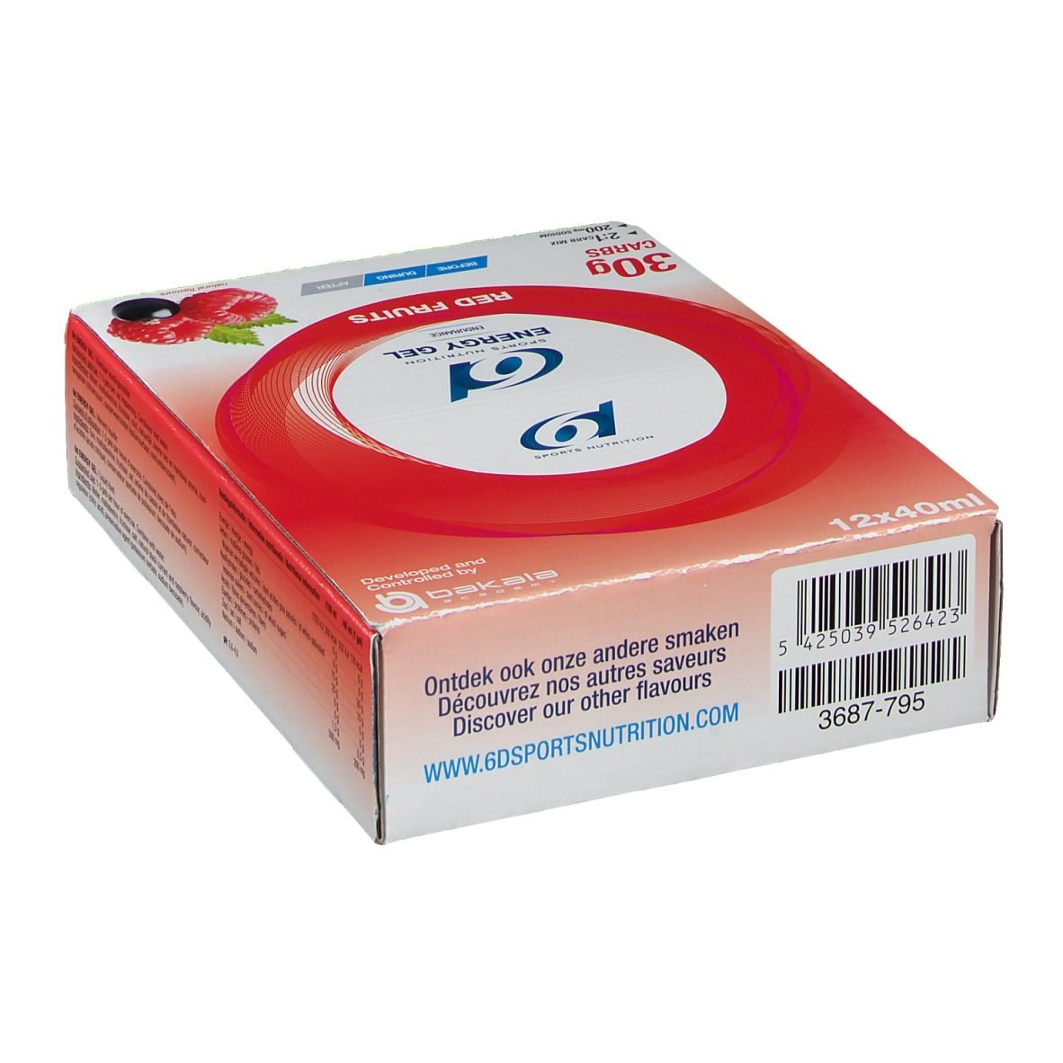 Doos met rode cirkel en tekst 'Energy Gel Red Fruits'. Streepjescode en websiteadres. 12x40ml.