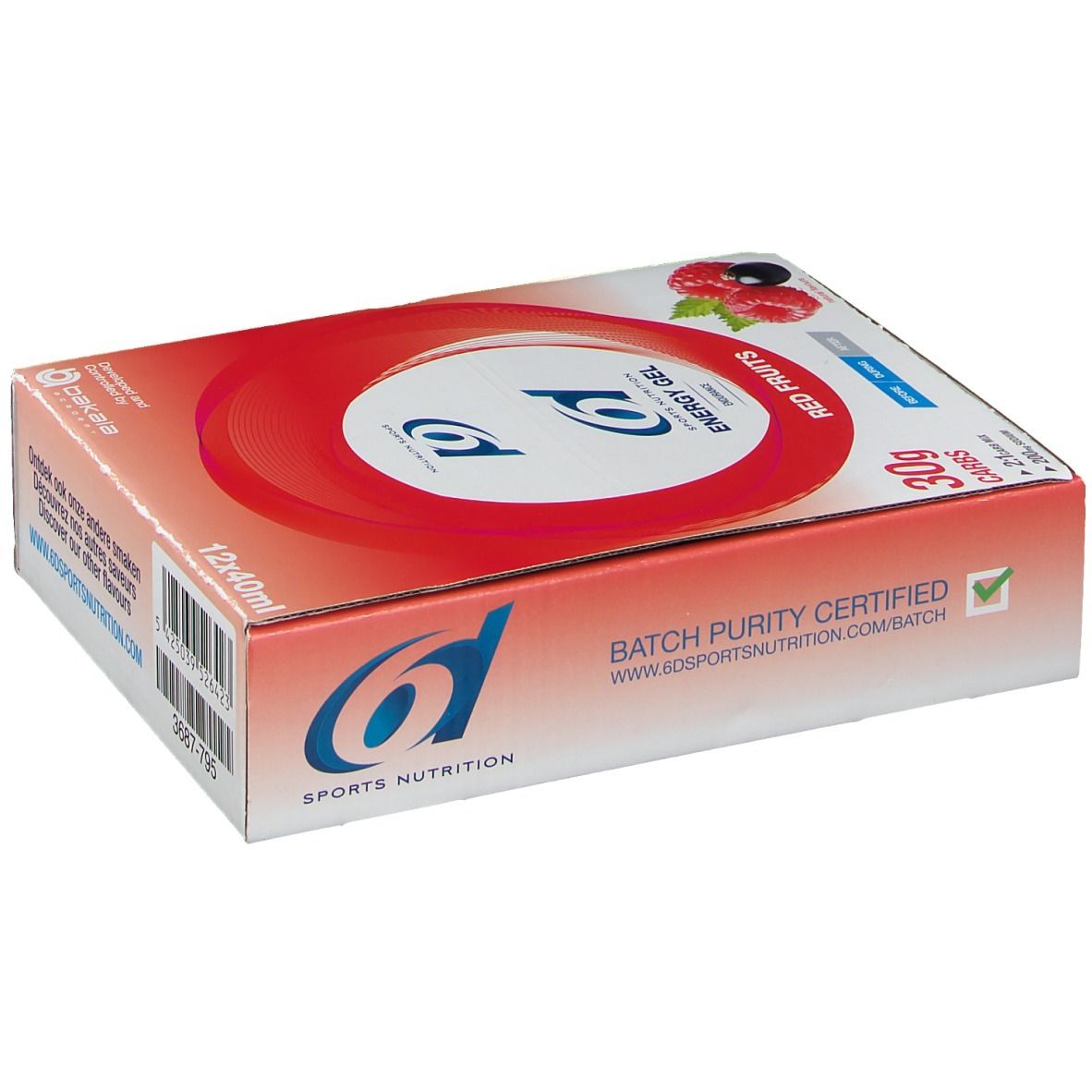 Doos met rode cirkel en tekst 'Energy Gel Red Fruits'. Frambozen en zwarte bessen afgebeeld. 'Batch Purity Certified'.