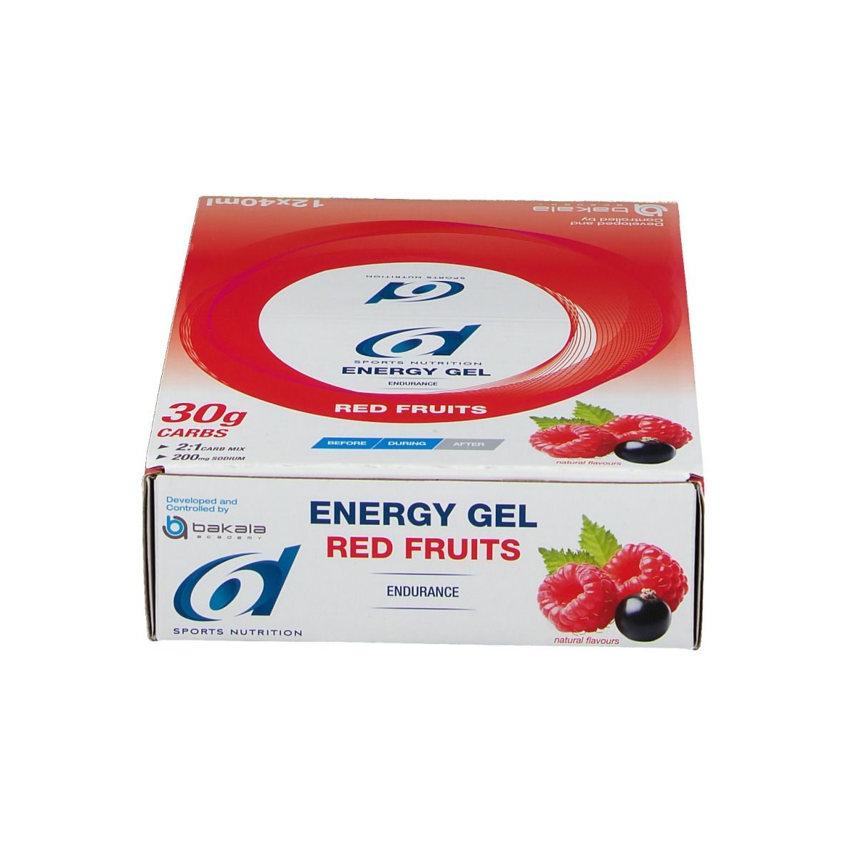 Doos met rode cirkel en tekst 'Energy Gel Red Fruits'. Frambozen en zwarte bessen afgebeeld. 'Endurance'.