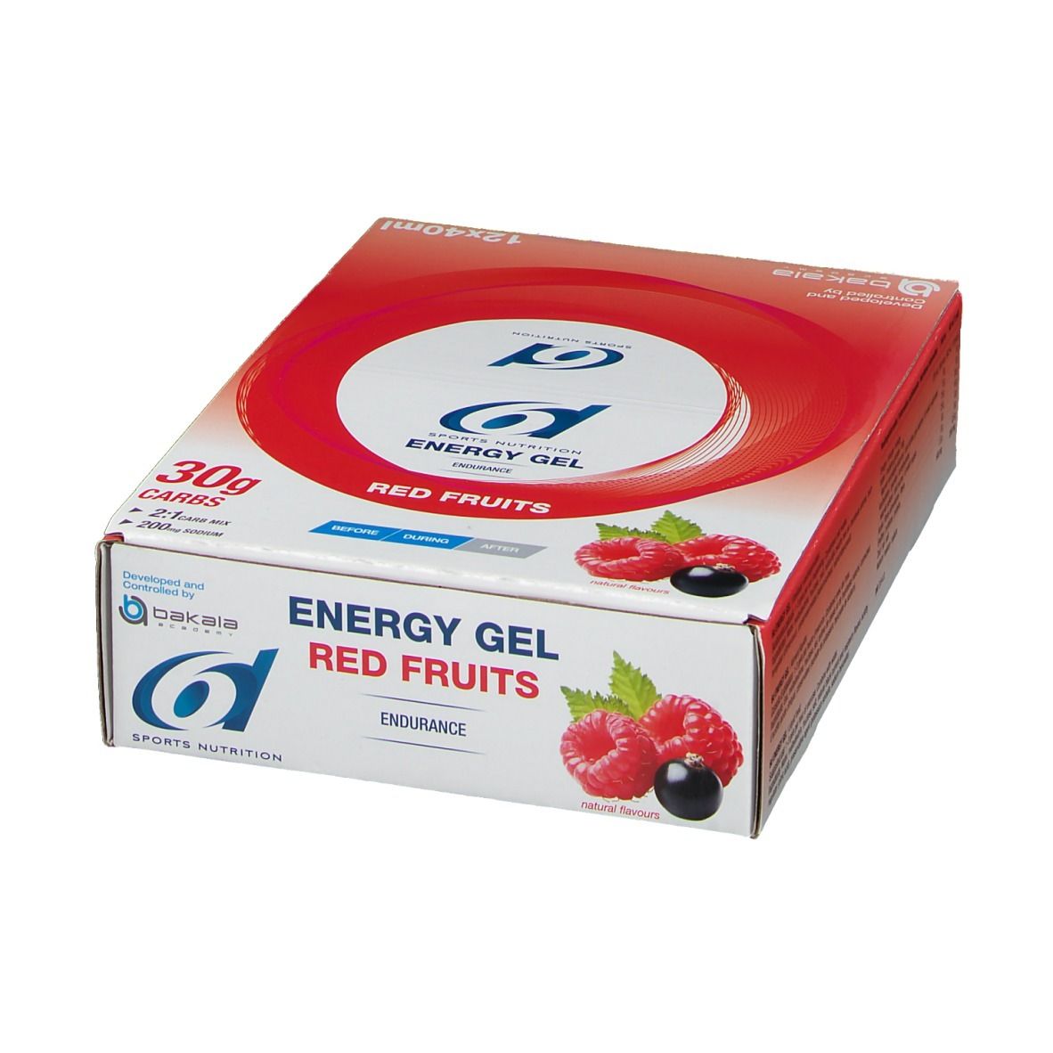 Doos met rode cirkel en tekst 'Energy Gel Red Fruits'. Frambozen en zwarte bessen afgebeeld. 'Endurance'.