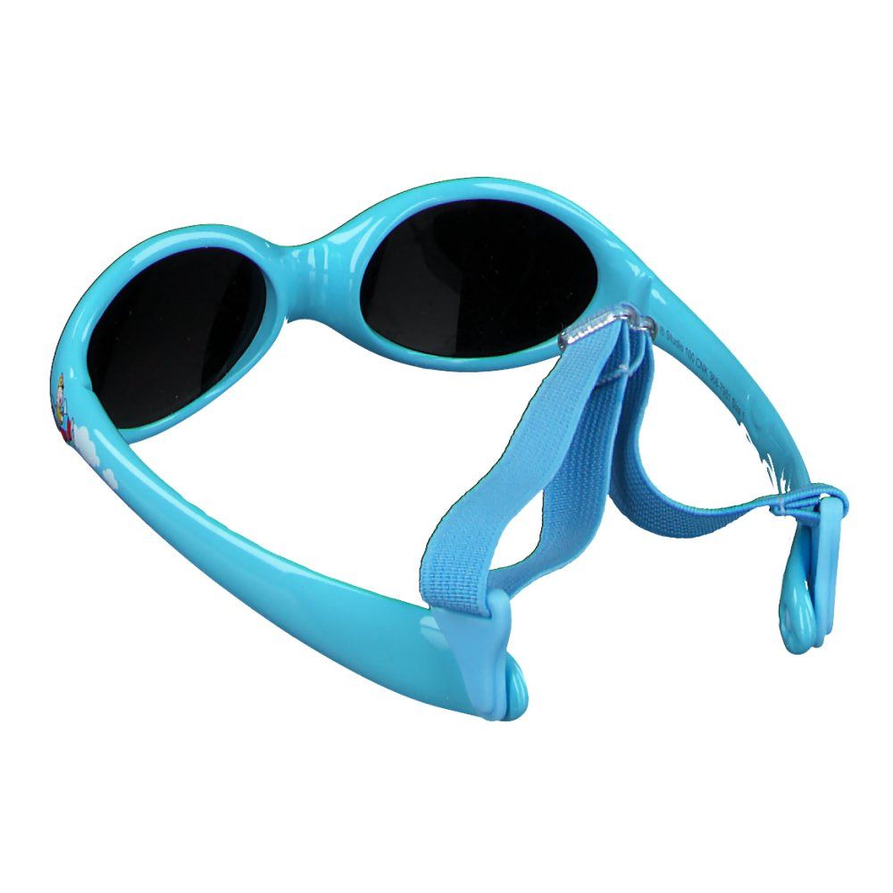 Lichtblauwe zonnebril met zwarte glazen. Met blauwe band. Bovenaanzicht.