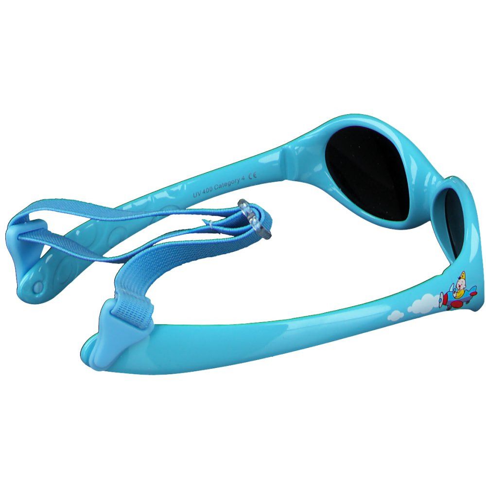 Lichtblauwe zonnebril met zwarte glazen. Met blauwe band. Bovenaanzicht.