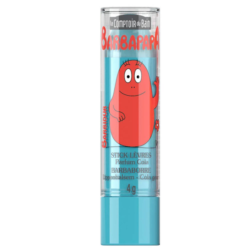 Baume à lèvres en étui transparent. Personnage Barbapapa rouge. Texte: 'STICK LEVRES Parfum Cola'. 4g.
