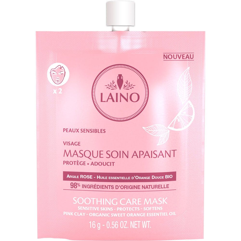Roze LIANO verzorgingsmasker zakje. Tekst: Peaux sensibles, Masque soin apaisant, 98% ingrediënten van natuurlijke oorsprong.