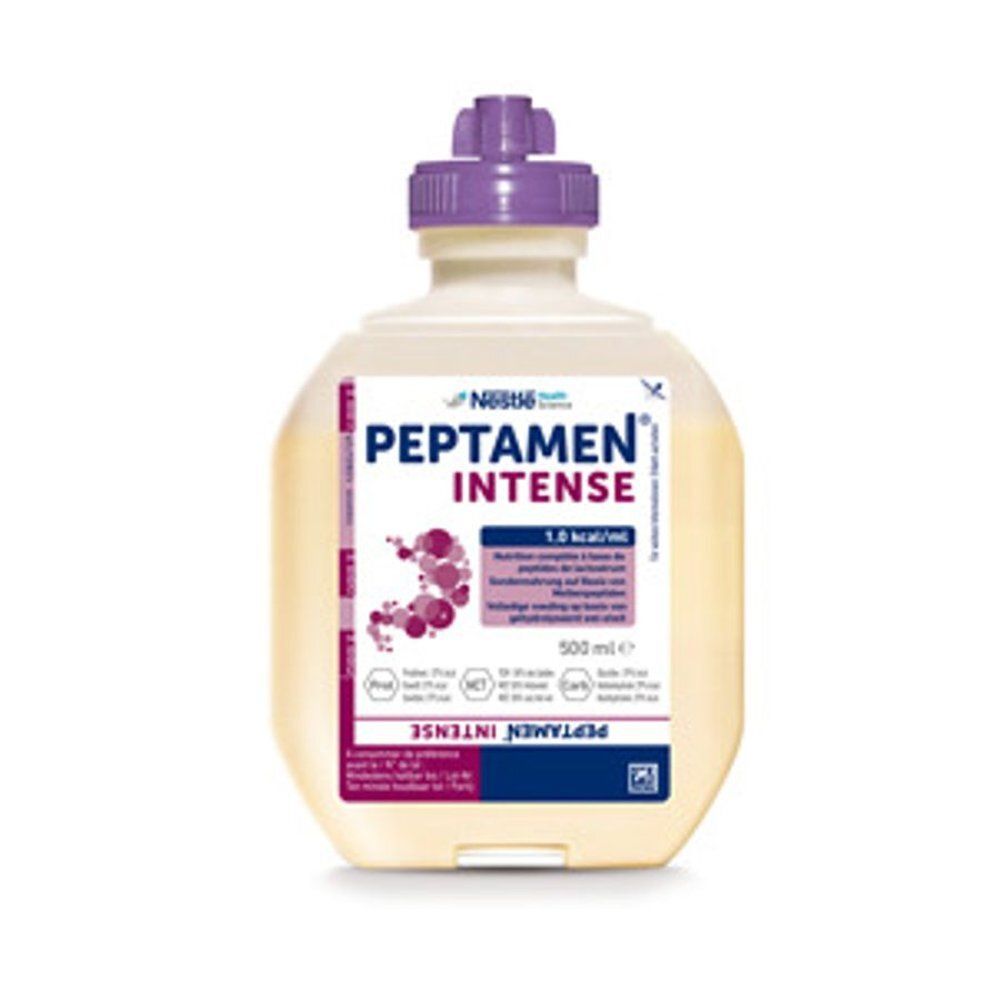 Beige fles met paarse dop. Opschrift: Peptamen Intense. Bevat 500 ml. Met logo van Nestlé Health Science.