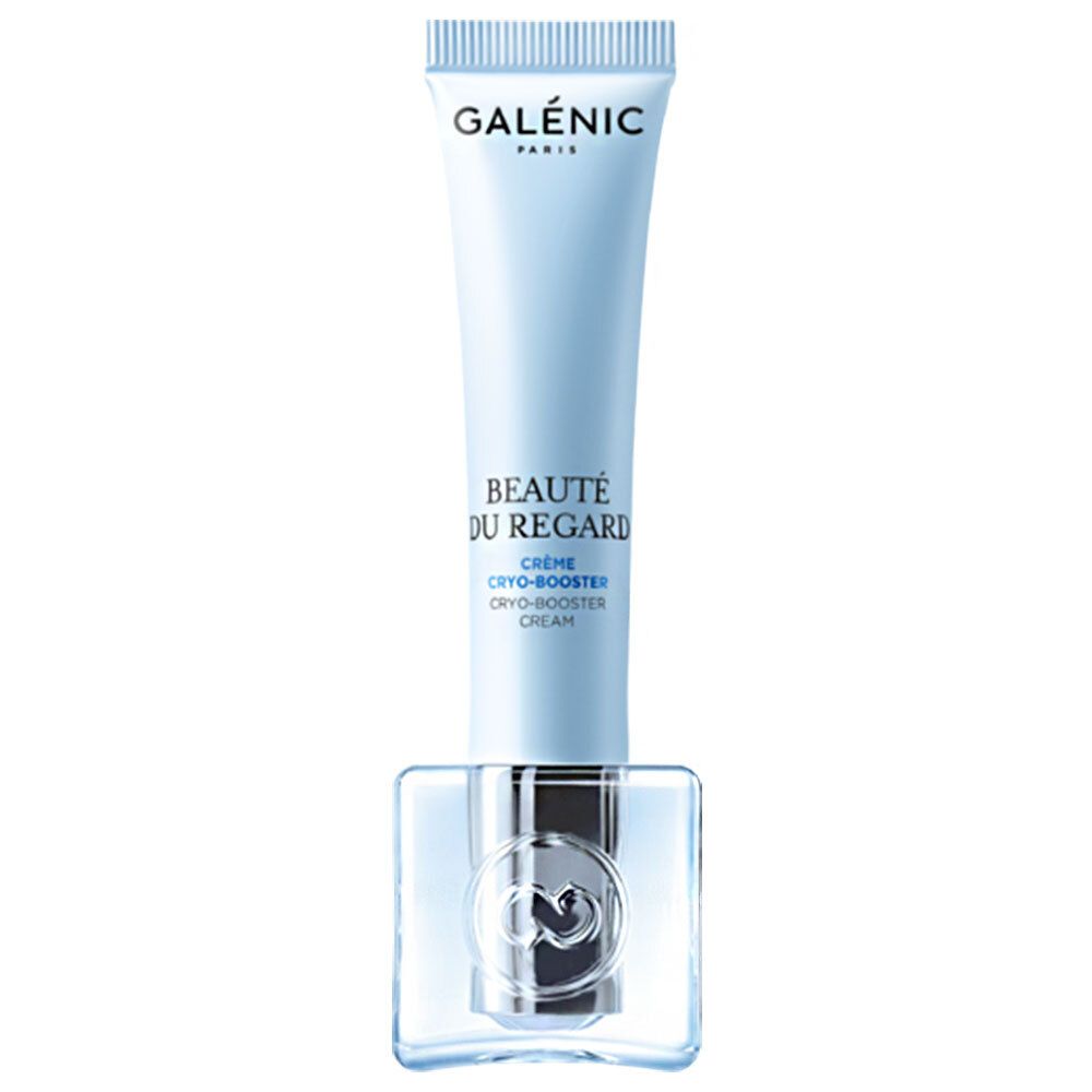 Tube bleu clair avec bouchon argenté. Inscription: GALÉNIC PARIS, BEAUTÉ DU REGARD, Crème Cryo-Booster.