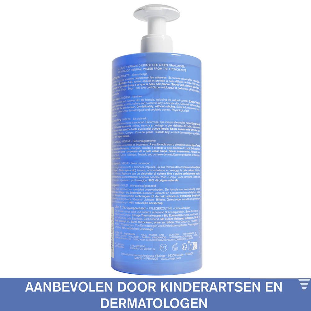 Blauwe fles, achterkant. Meertalige tekst. Uriage Eau Thermale Bébé.