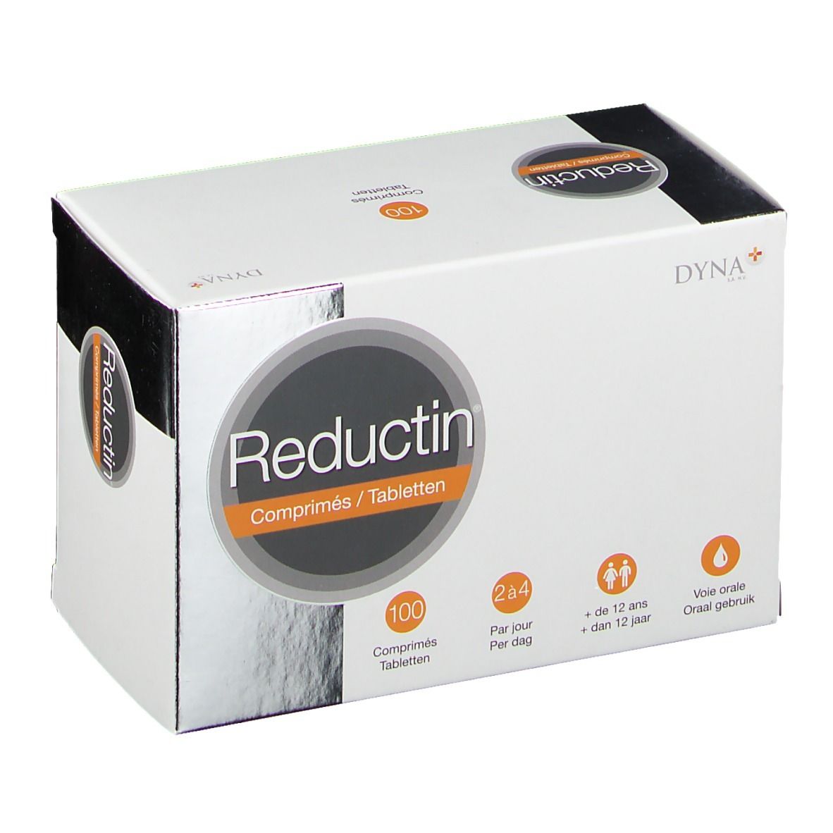 Witte doos "Reductin" met 100 tabletten. Oranje cirkel met productnaam. Logo's en tekst in meerdere talen.