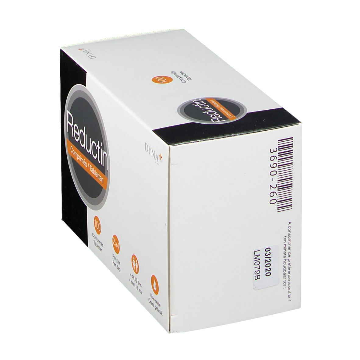 Witte doos "Reductin". Achterkant met barcode en lotnummer. Tekst in meerdere talen.