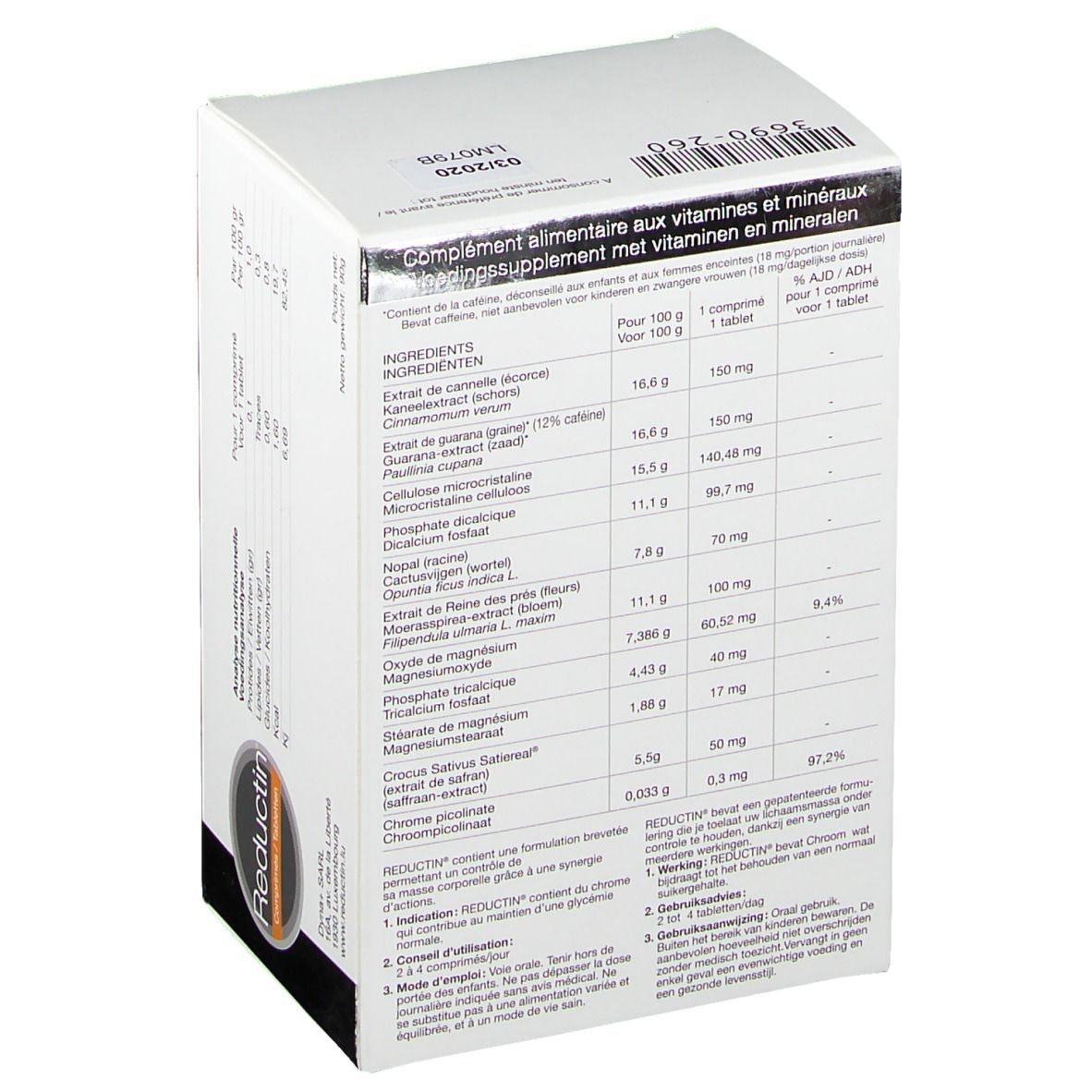 Achterkant van de doos met ingrediënten en voedingswaarde-informatie. Tekst in meerdere talen.