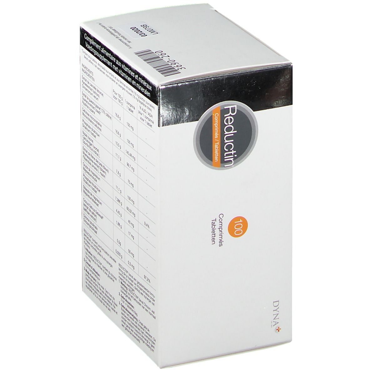 Witte doos "Reductin" met 100 tabletten. Achterkant met ingrediënten en voedingswaarde-informatie. Tekst in meerdere talen.