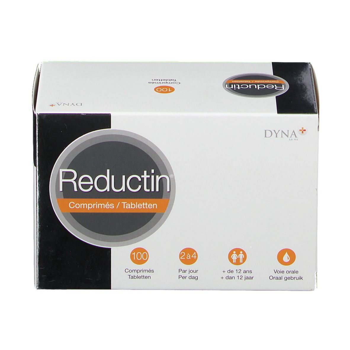 Witte doos "Reductin" met 100 tabletten. Oranje cirkel met productnaam. Logo's en tekst in meerdere talen.