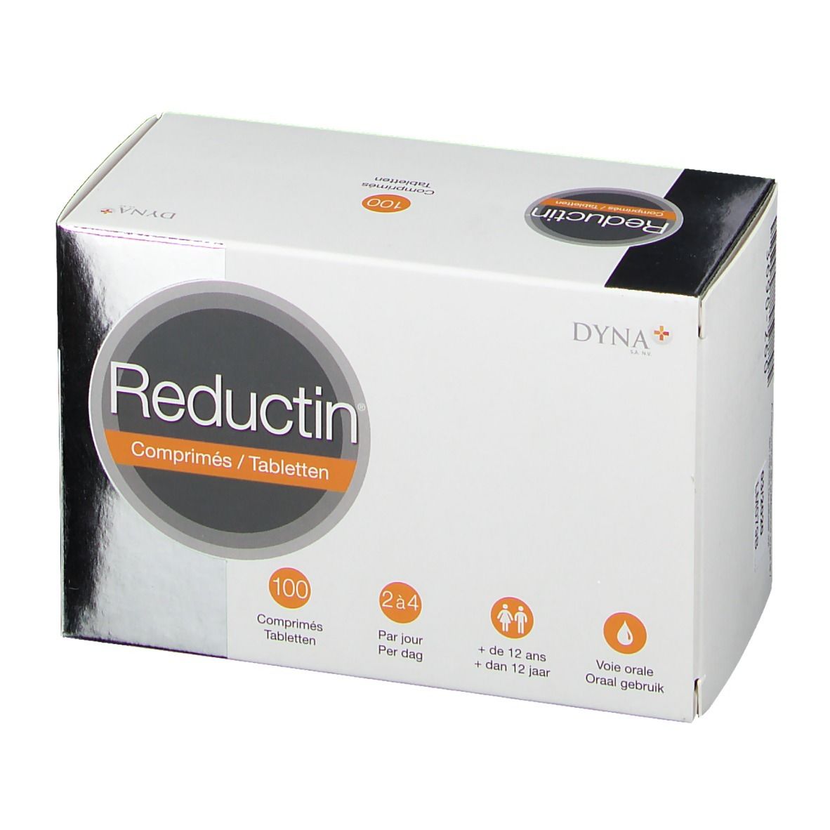 Witte doos "Reductin" met 100 tabletten. Oranje cirkel met productnaam. Logo's en tekst in meerdere talen.