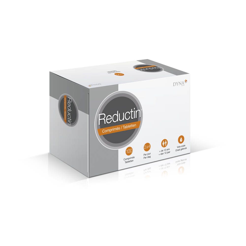 Witte doos met "Reductin" logo. Bevat 100 tabletten. Tekst in het Duits, Frans en Nederlands. Dyna+ logo.