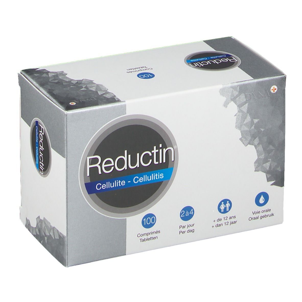 Doos "Reductin Cellulite". 100 tabletten. Blauwe en grijze verpakking. Informatie over dosering en gebruik.