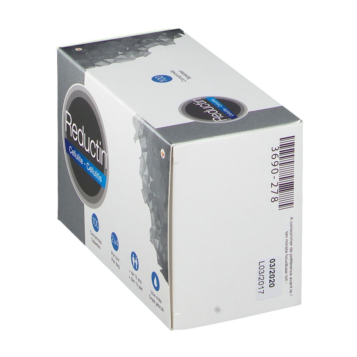 Zijkant van de doos "Reductin Cellulite". Streepjescode en houdbaarheidsdatum. Grijze en blauwe verpakking.