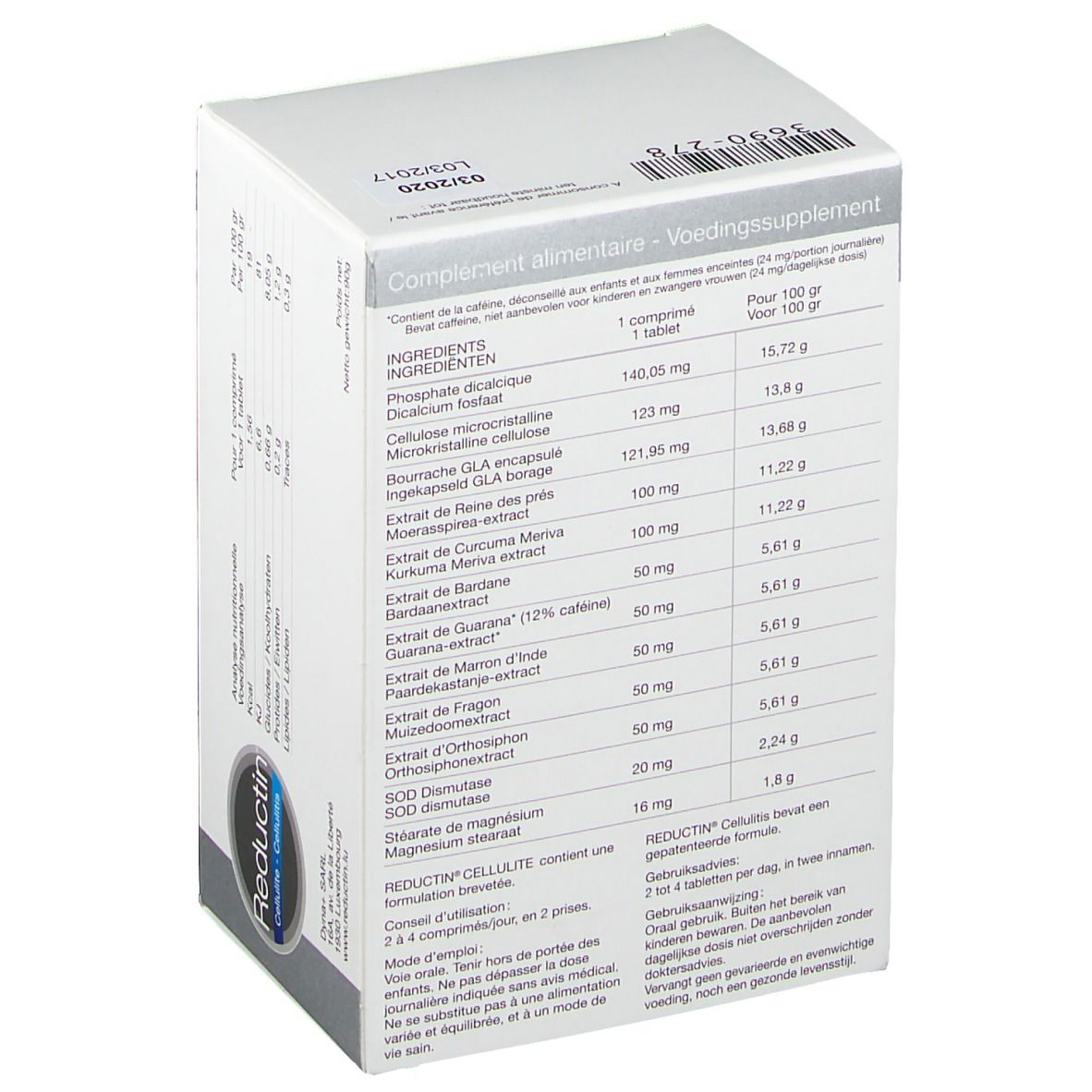 Achterkant van de doos "Reductin Cellulite". Ingrediëntenlijst en voedingsinformatie. Meertalige tekst.