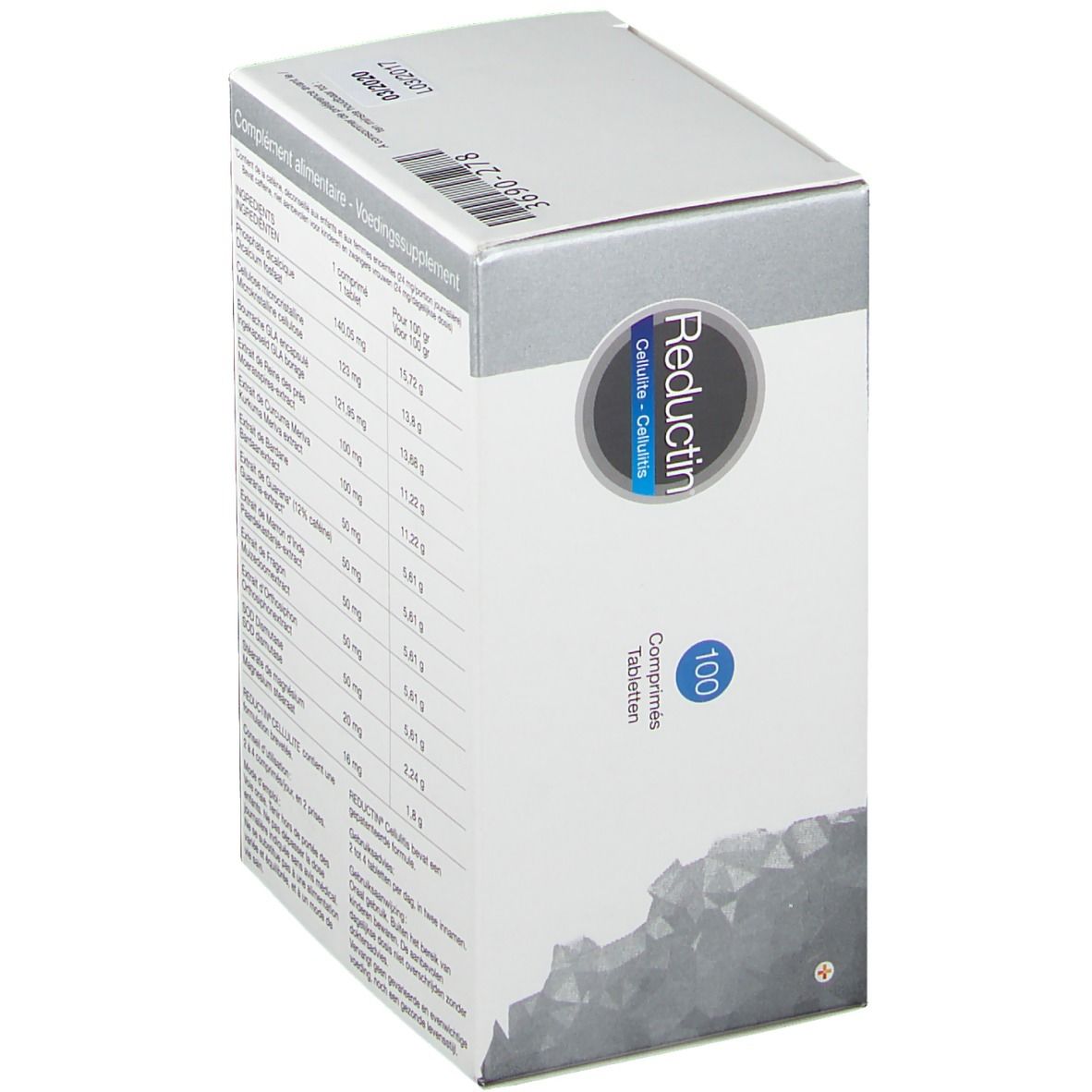 Doos "Reductin Cellulite". 100 tabletten. Ingrediëntenlijst op de zijkant. Blauwe en grijze verpakking.