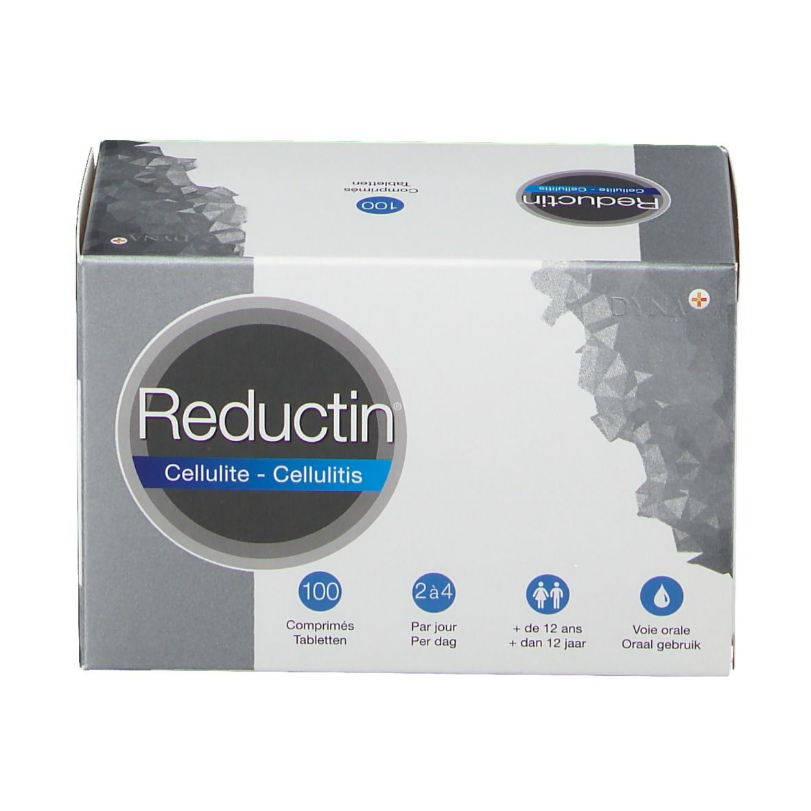 Doos "Reductin Cellulite". 100 tabletten. Blauwe en grijze verpakking. Informatie over dosering en gebruik.