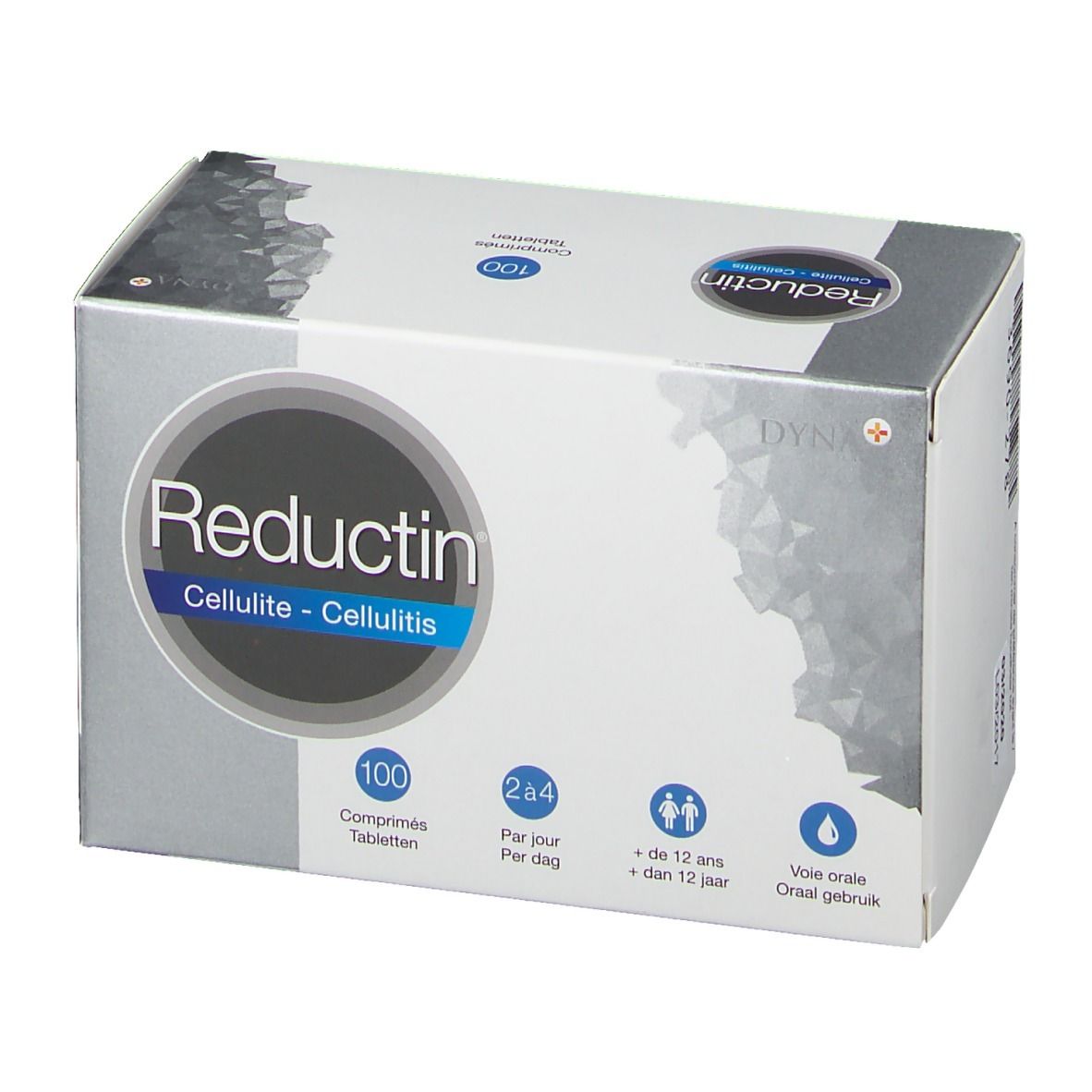 Doos "Reductin Cellulite". 100 tabletten. Blauwe en grijze verpakking. Informatie over dosering en gebruik.