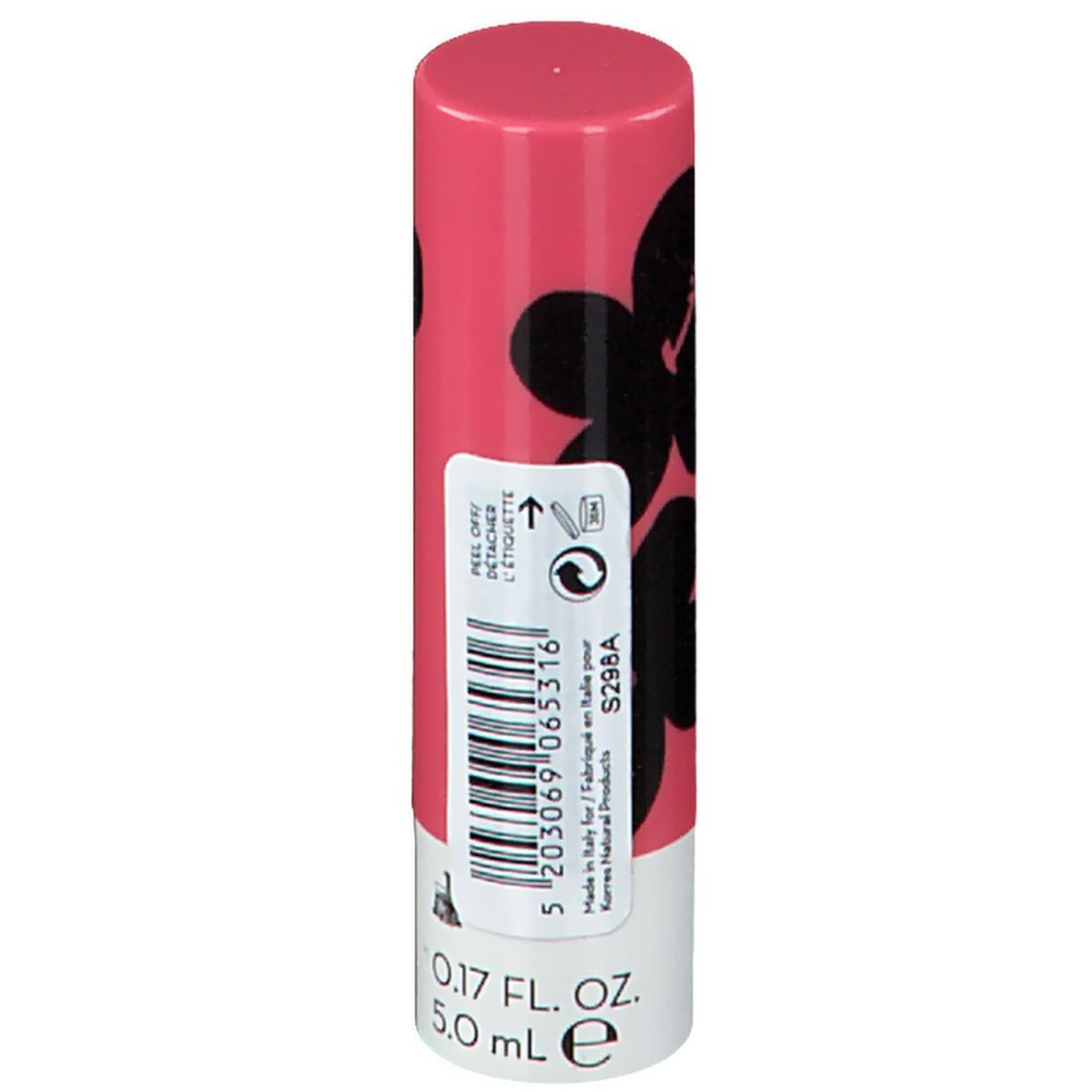 Roze lippenstift met zwart bloemmotief en barcode. Volume: 5,0 ml.