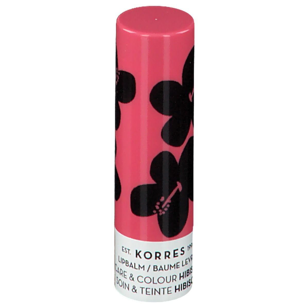 Roze lippenstift met zwart bloemmotief. Tekst: KORRES LIPBALM.