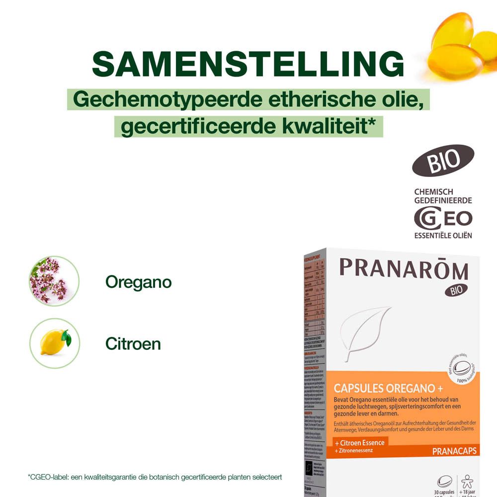 Doosje capsules. Opschrift: CAPSULES OREGANO + Citroen Essence. BIO-label.