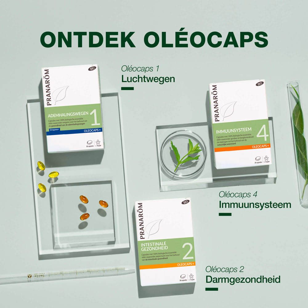 Doosje capsules. Opschrift: CAPSULES OREGANO + Citroen Essence. BIO-label.
