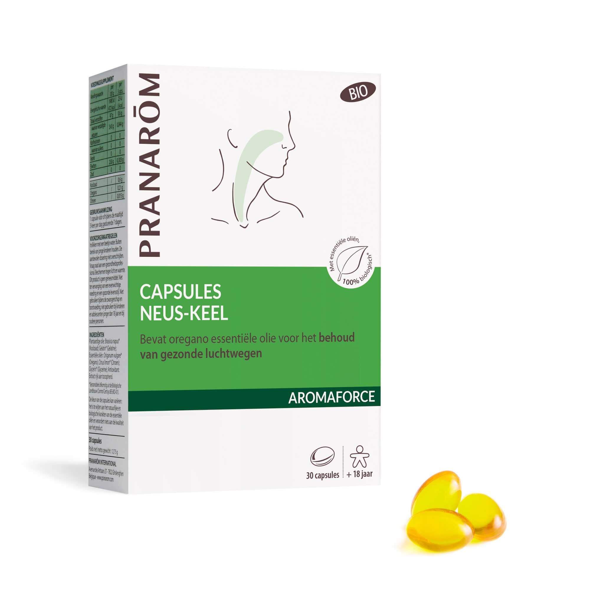 Doosje met capsules. Opschrift: CAPSULES NEUS-KEEL. Bevat oregano essentiële olie. 30 capsules.