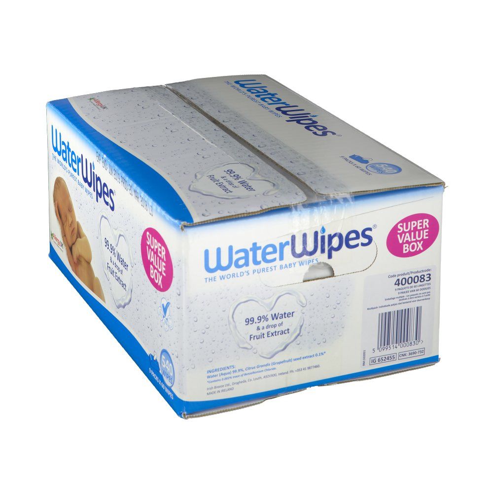 Kartonnen doos met WaterWipes. Opschrift: 99,9% water & fruitextract. Super Value Box. 540 doekjes.