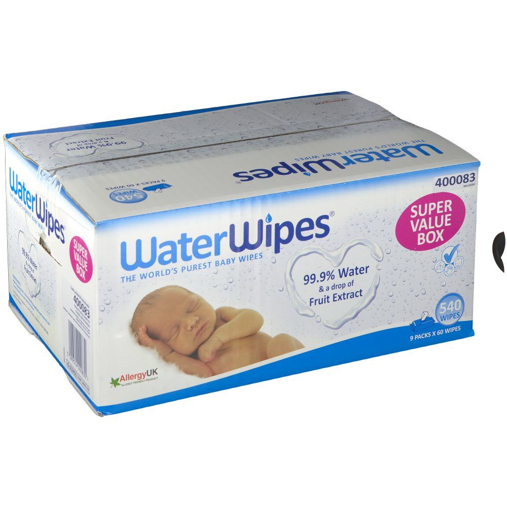 Kartonnen doos met WaterWipes. Opschrift: 99,9% water & fruitextract. Super Value Box. 540 doekjes.