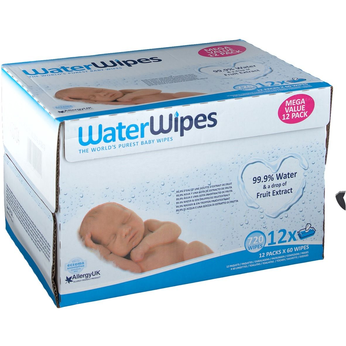 Doos WaterWipes-doekjes. Opschrift: 99,9% water & fruitextract, 12x60 doekjes. Afbeelding van een baby.