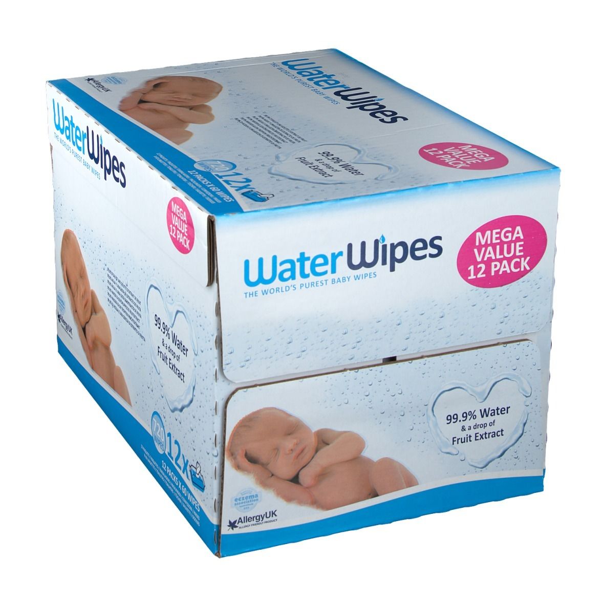 Doos WaterWipes-doekjes. Opschrift: 99,9% water & fruitextract, 12x60 doekjes. Afbeelding van een baby.