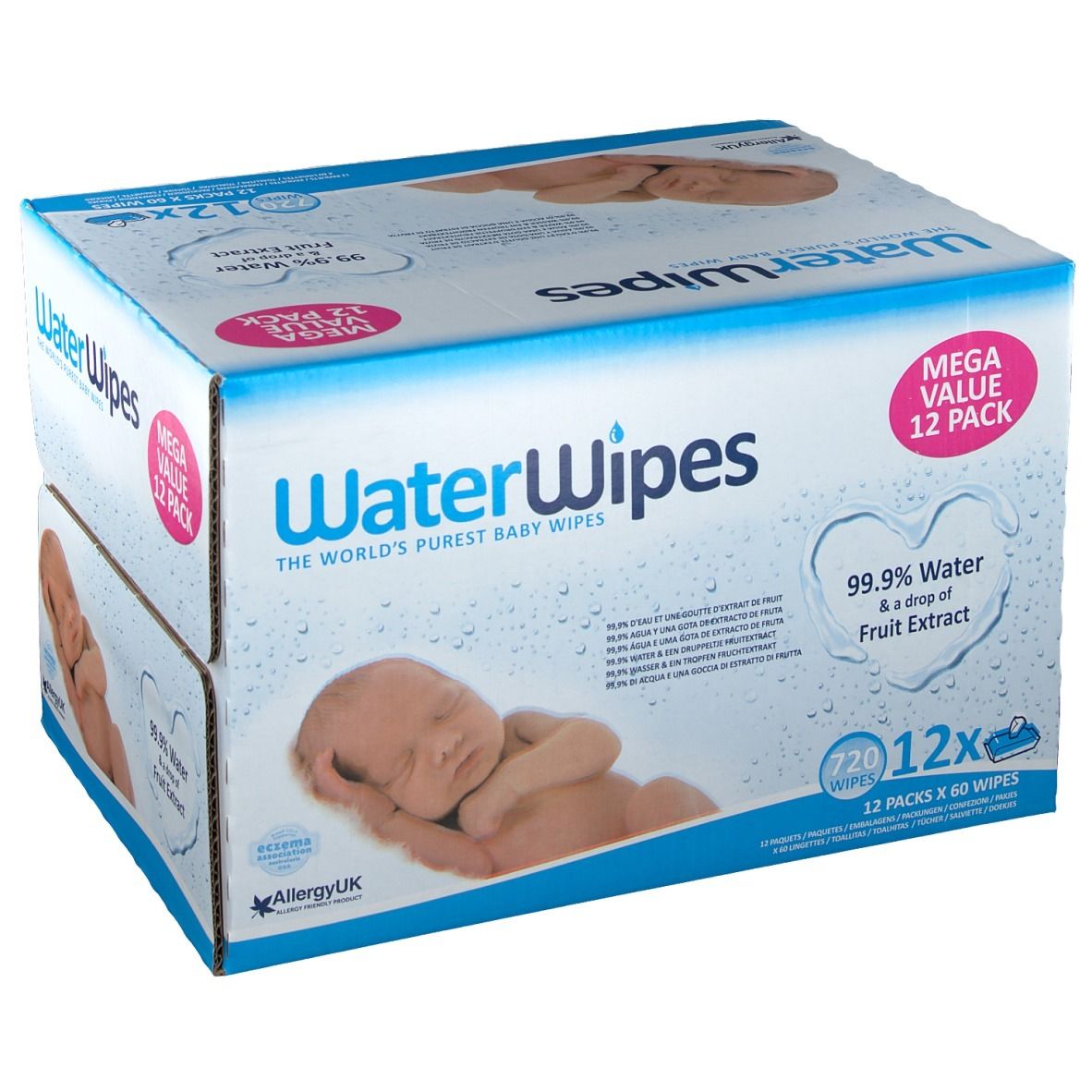 Doos WaterWipes-doekjes. Opschrift: 99,9% water & fruitextract, 12x60 doekjes. Afbeelding van een baby.