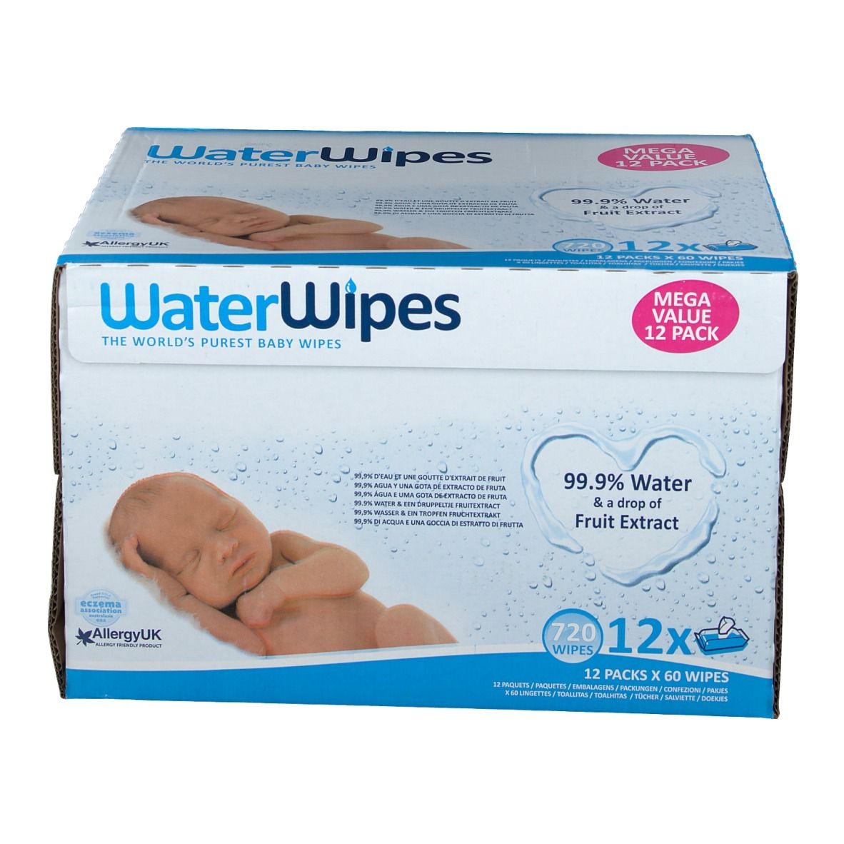 Doos WaterWipes-doekjes. Opschrift: 99,9% water & fruitextract, 12x60 doekjes. Afbeelding van een baby.