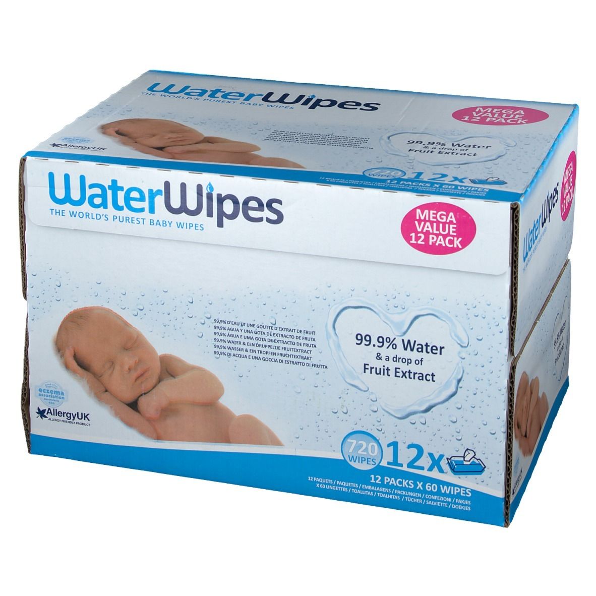 Doos WaterWipes-doekjes. Opschrift: 99,9% water & fruitextract, 12x60 doekjes. Afbeelding van een baby.