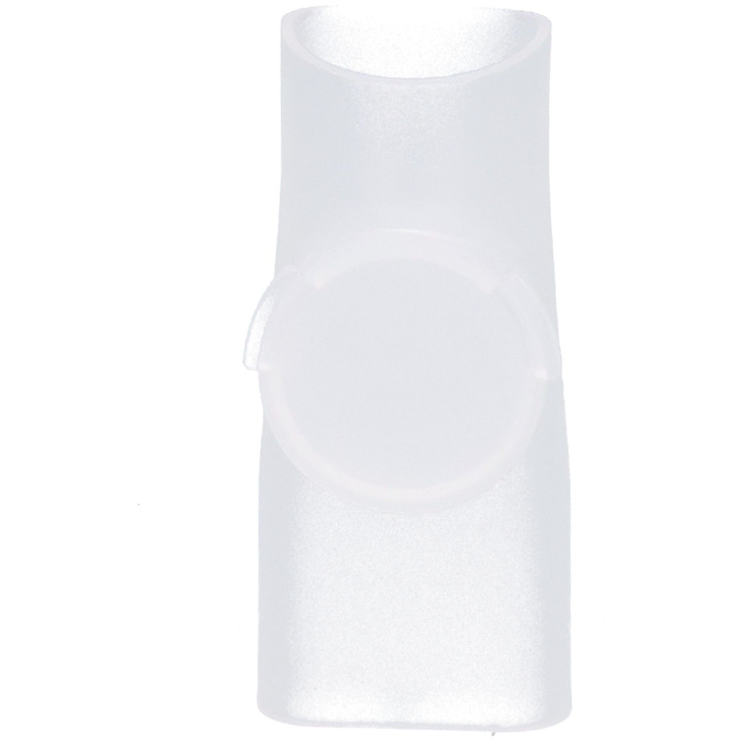 Mondstuk van transparant plastic. Ronde opening met deksel. Cilindrische vorm.