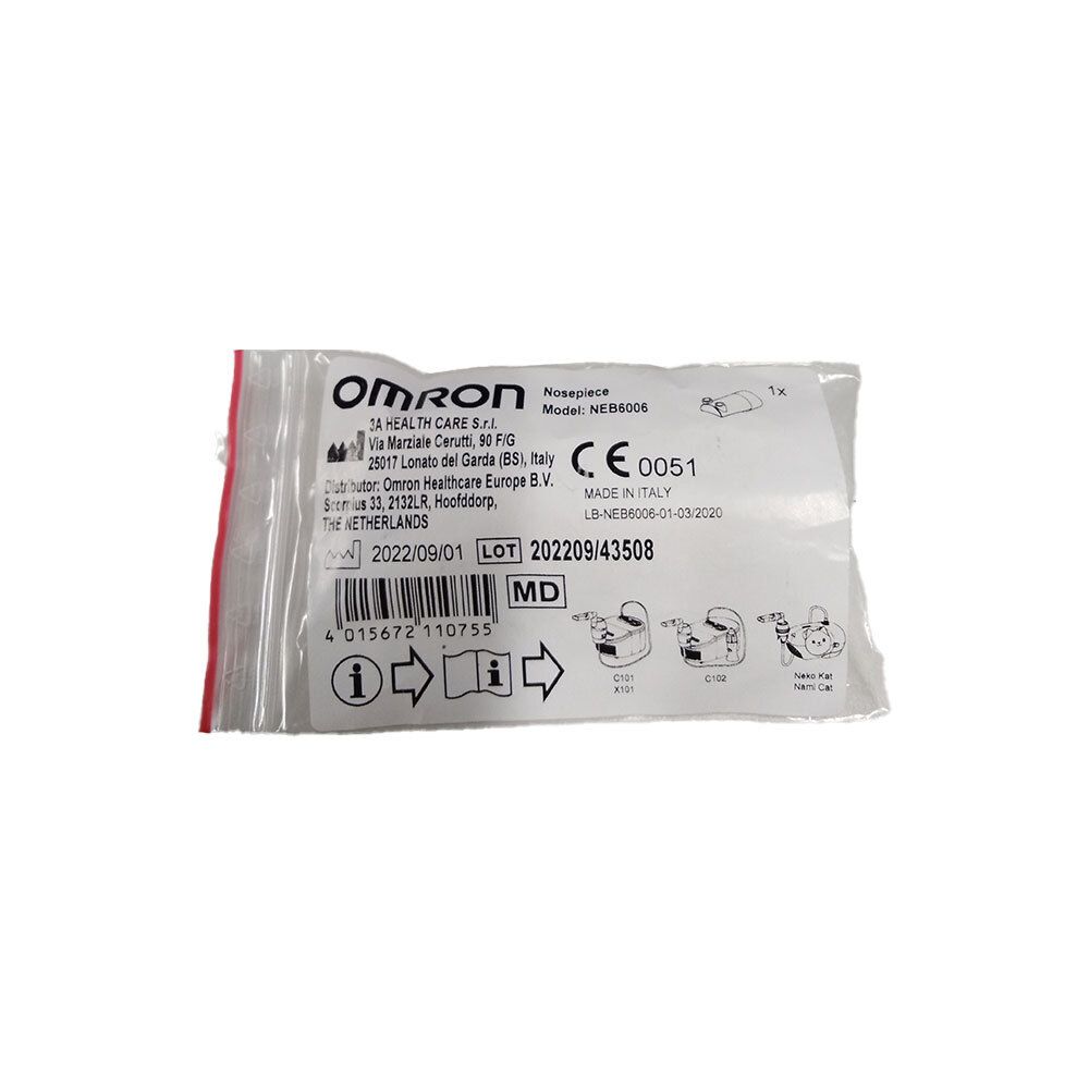 Omron neusstuk in een zakje. Bedrukking met informatie en CE-markering.