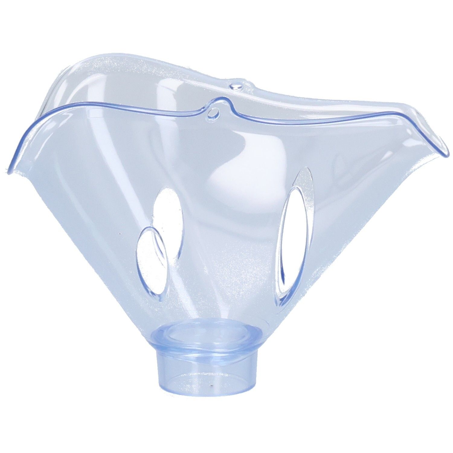 Transparant blauw masker voor volwassenen. Met drie ovale openingen en een cilindrische aansluiting. Gemaakt van plastic.