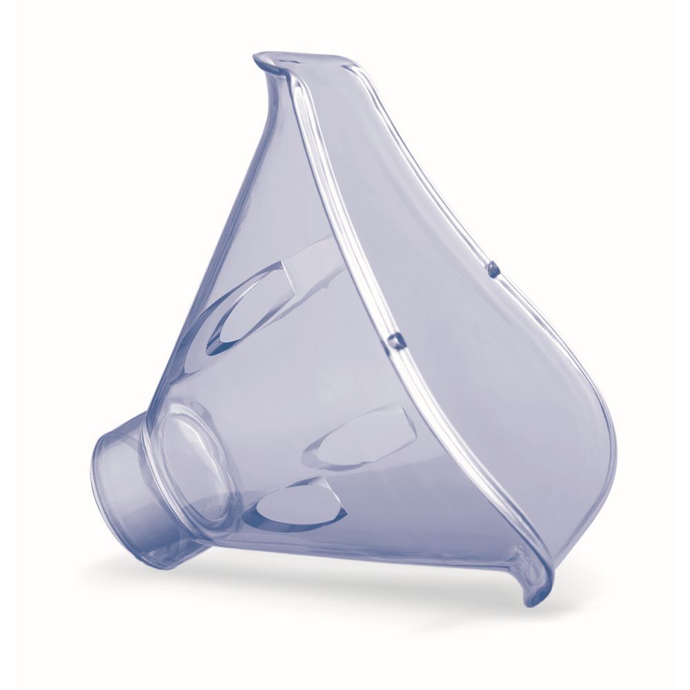 Transparant blauw masker, conische vorm. Afgeronde basis, opening voor neus en mond.